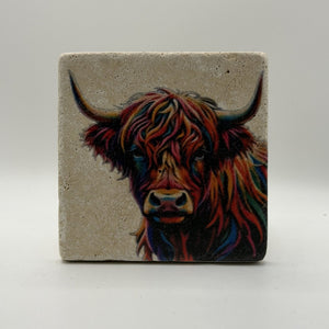 Highland Cow And Calf Natural Travertine Stone Coaster artwork