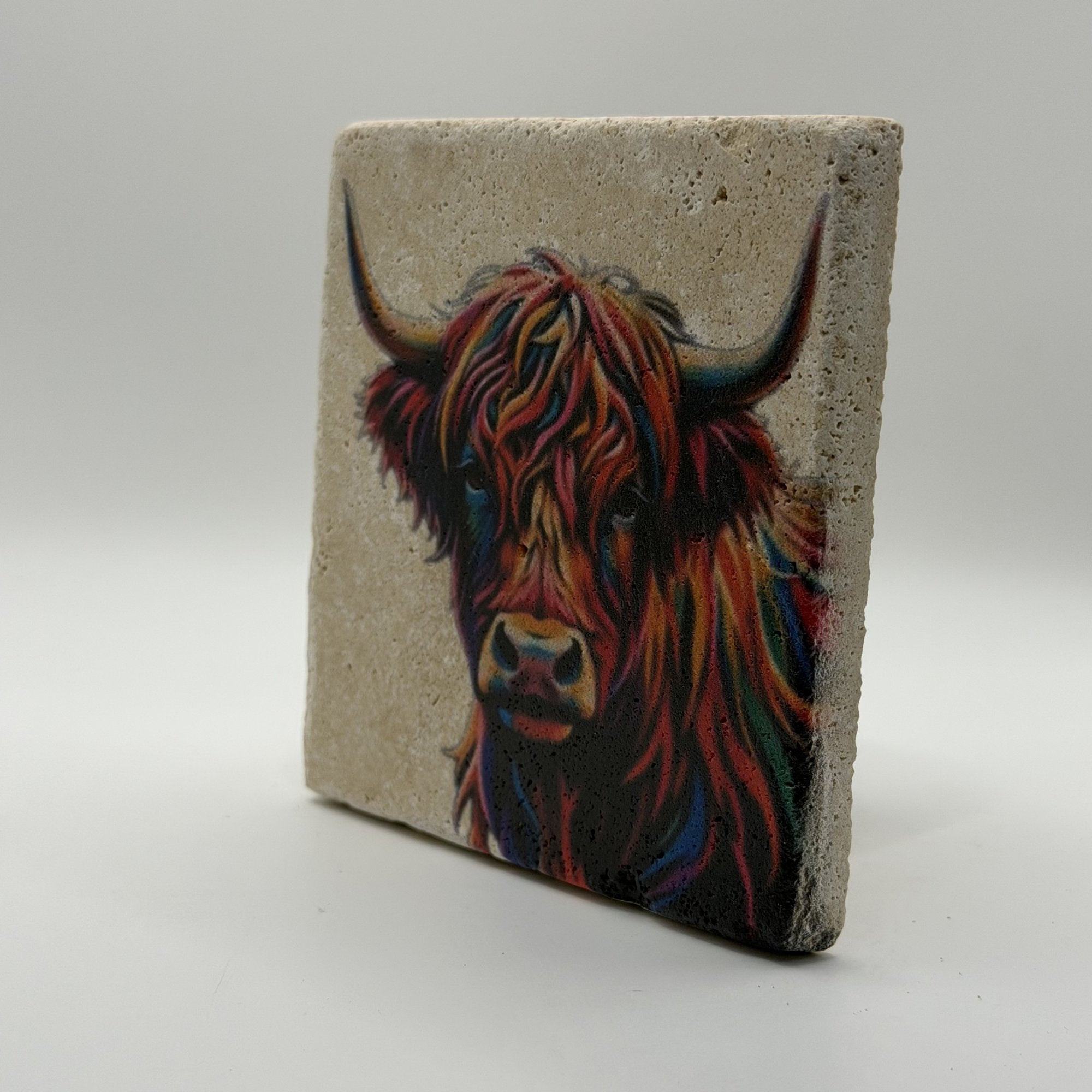 Highland Cow And Calf Natural Travertine Stone Coaster artwork