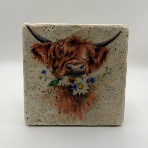Highland Cow Daisy Coo Portrait Stone Coaster