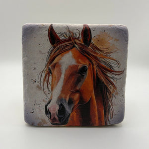 Equine artwork printed on square travertine stone coaster