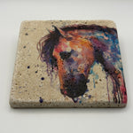 Equine artwork printed on square travertine stone coaster