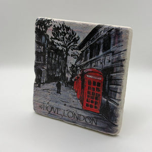 I Love London artwork printed on square travertine stone coaster