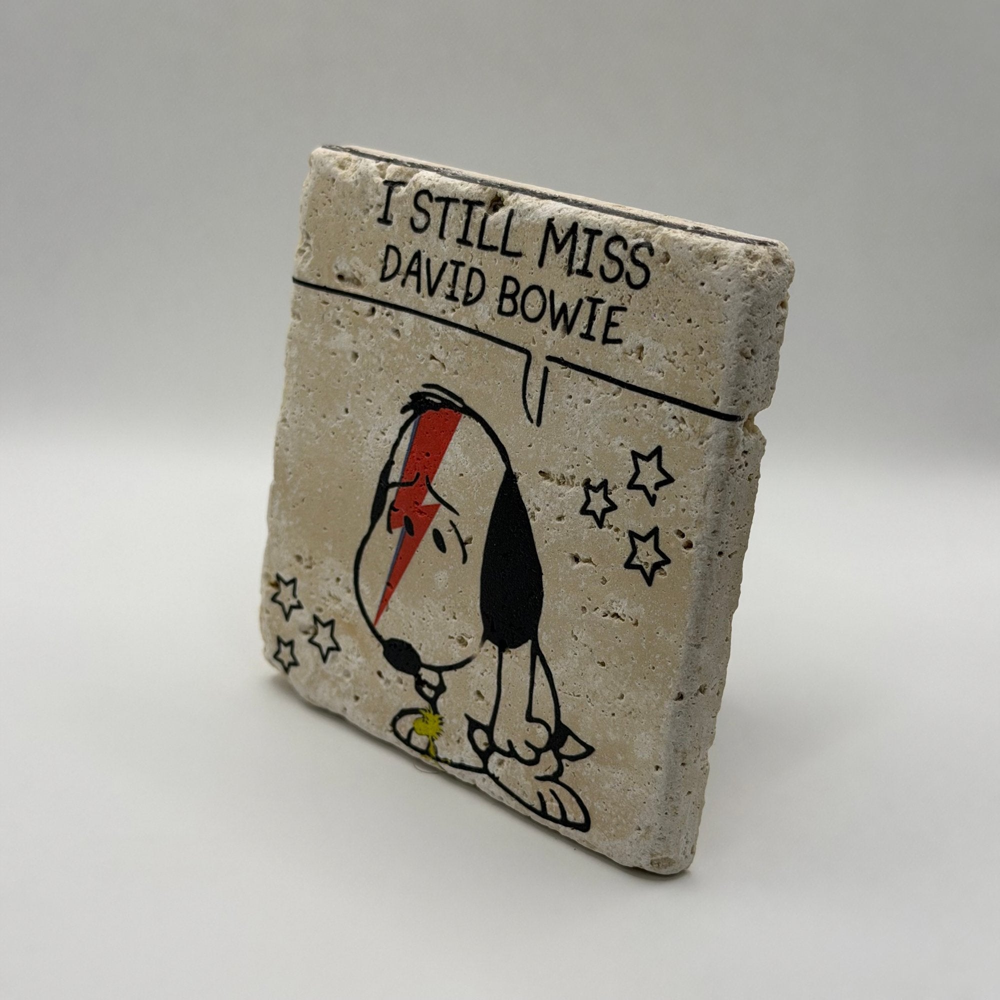 I Still Miss David Bowie artwork printed on square natural travertine stone coaster