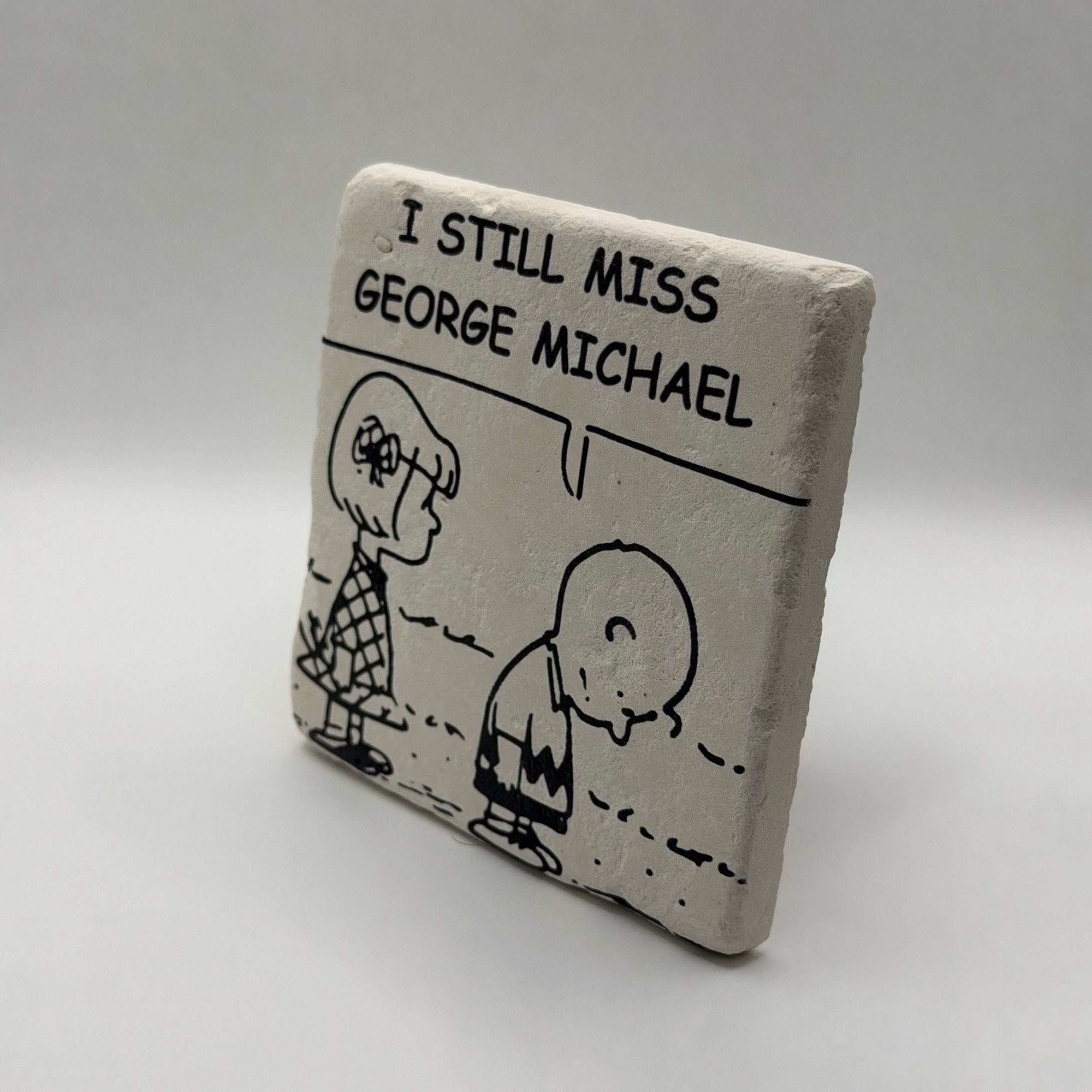 Wham! artwork featuring George Michael printed on square travertine stone coaster