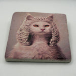 If Animals Could Jugde Cat artwork printed on premium natural travertine stone coaster