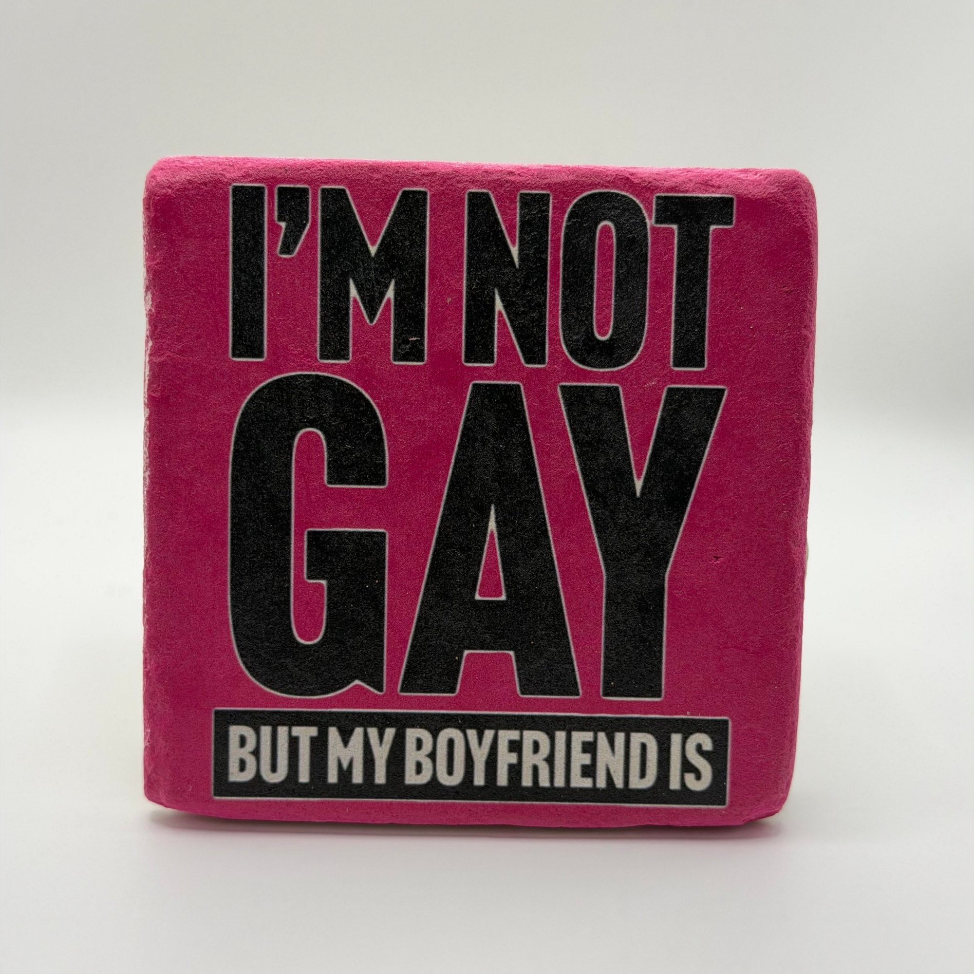 Humorous quote printed on square travertine stone coaster