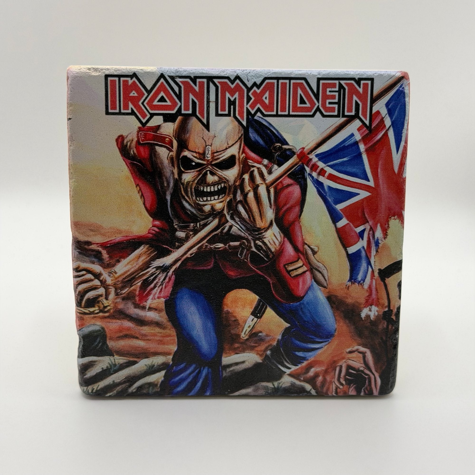 Iron Maiden logo printed on square travertine stone coaster