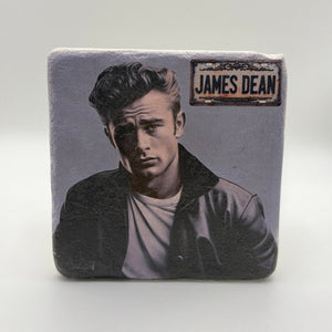 James Dean portrait printed on square travertine stone coaster