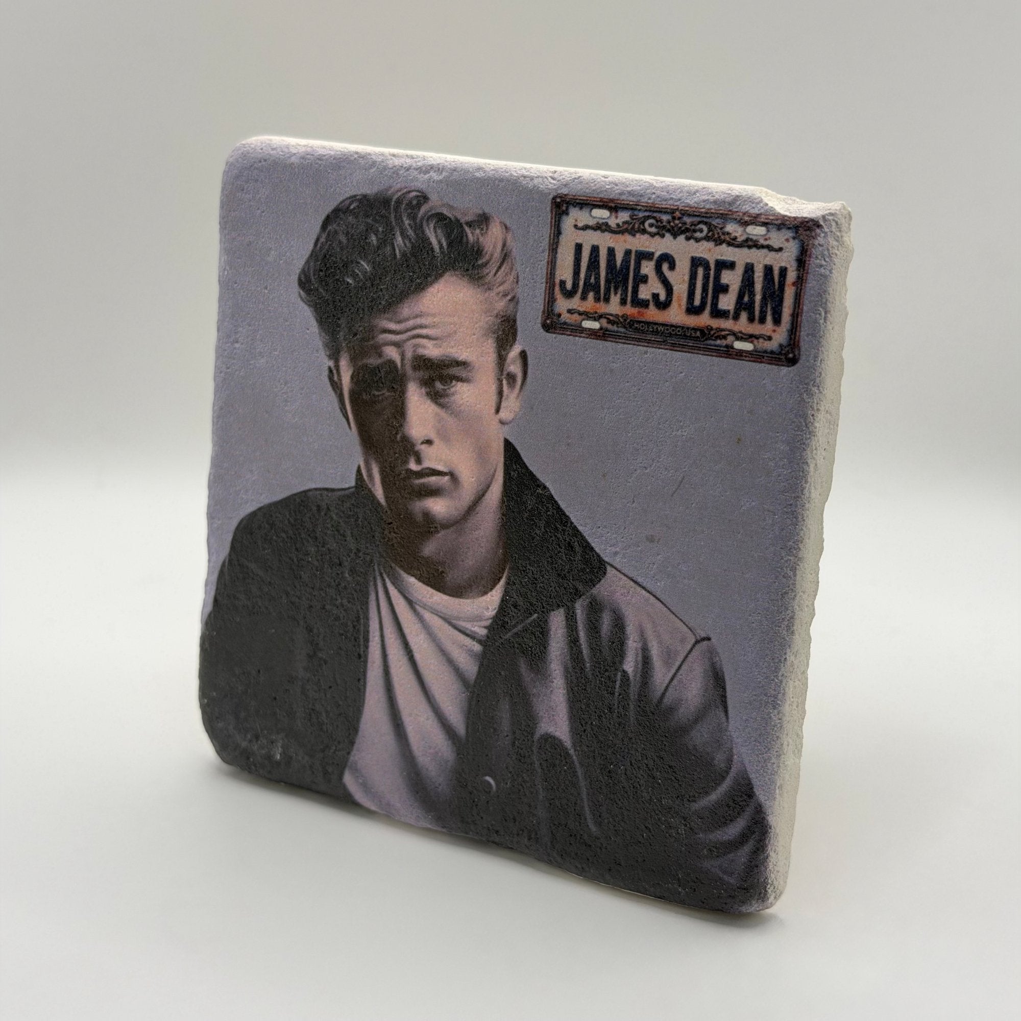 James Dean portrait printed on square travertine stone coaster