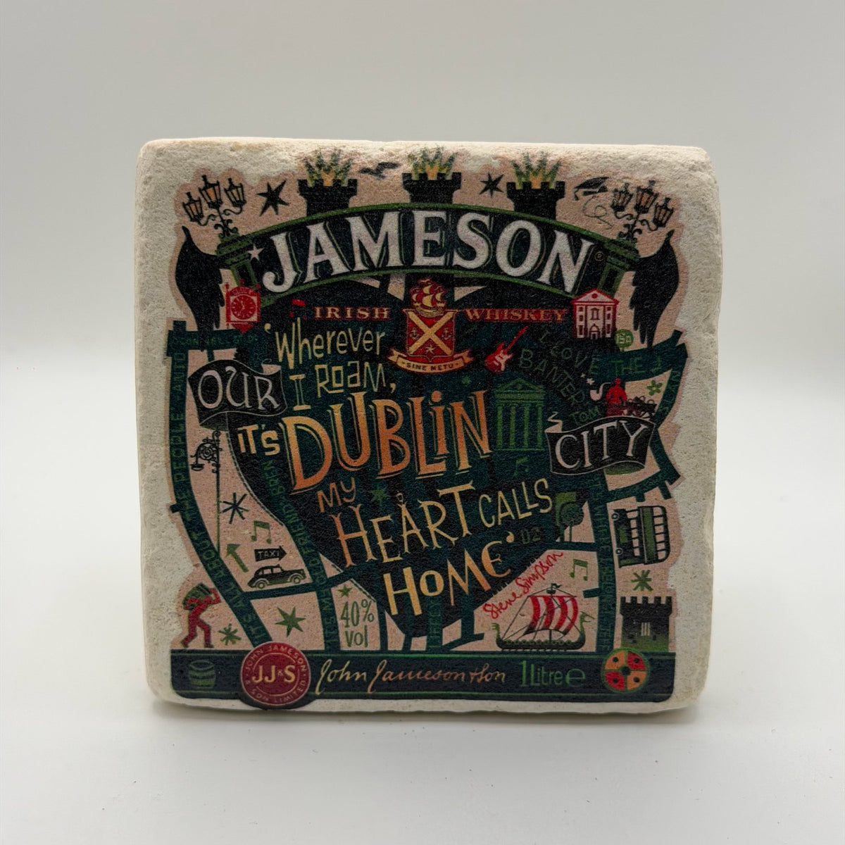 Jameson whiskey artwork printed on square travertine stone coaster