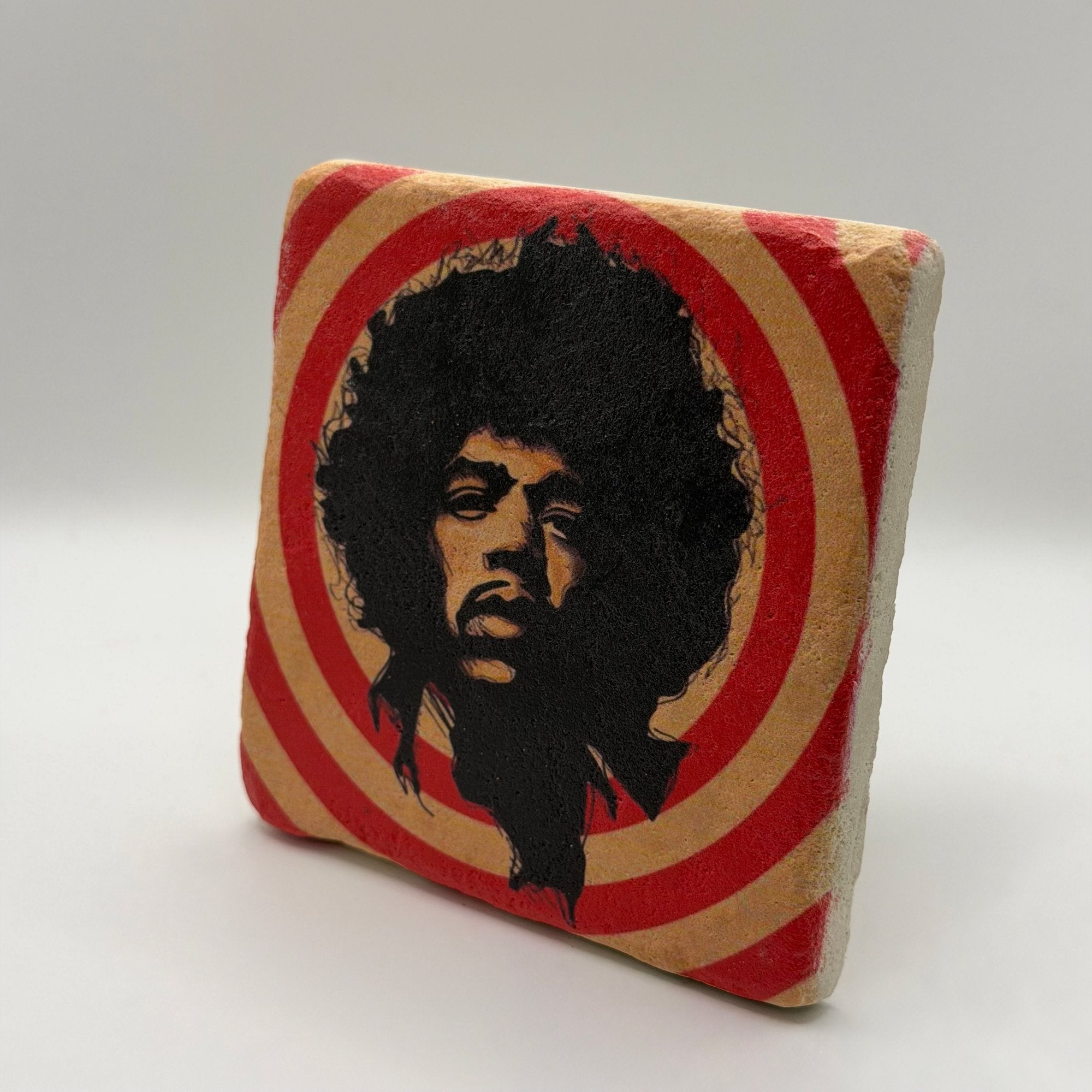 Jimi Hendrix artwork printed on square travertine stone coaster