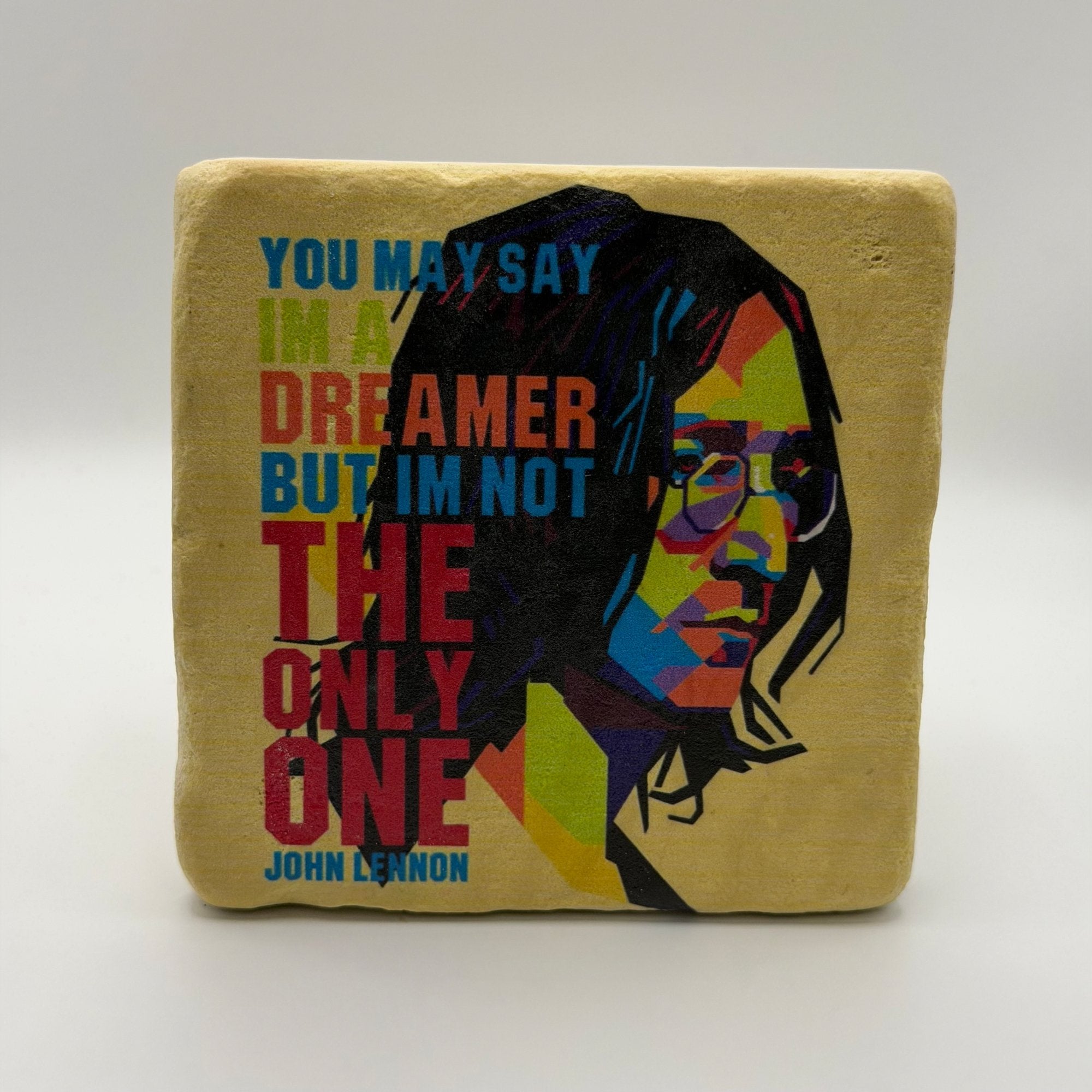 John Lennon artwork printed on square travertine stone coaster