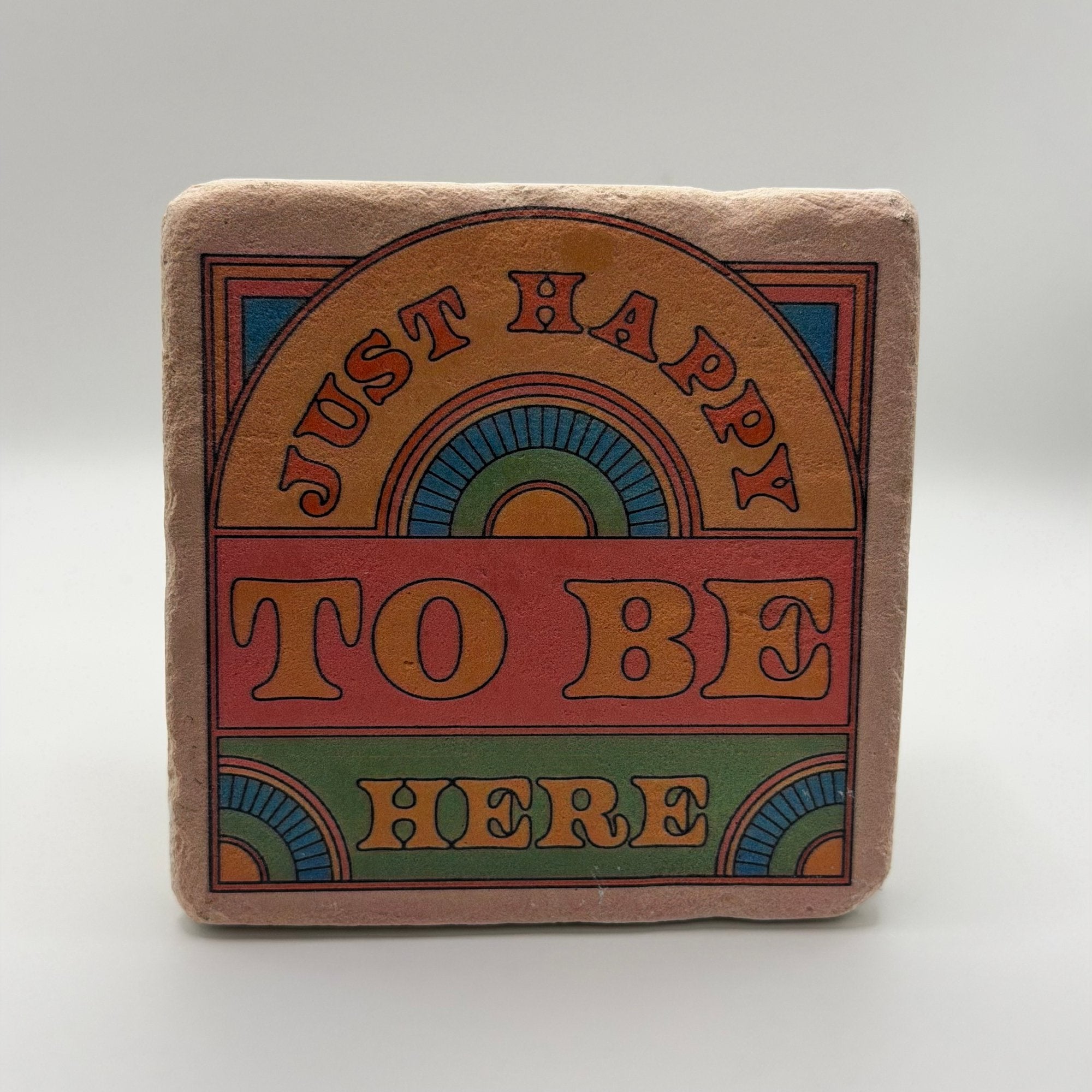 Happy slogan printed on square travertine stone coaster