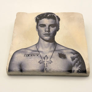 Justin Bieber artwork printed on square travertine stone coaster