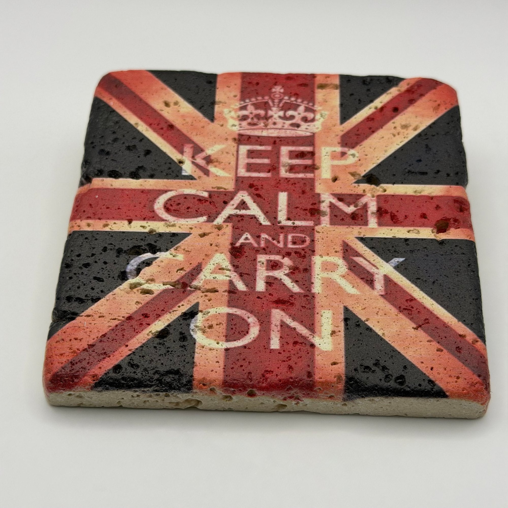 London Keep Calm And Carry On phrase printed on square natural travertine stone coaster