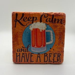 Keep Calm and Have a Beer quote printed on square natural travertine stone coaster