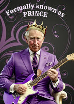 King Charles holding a purple guitar printed on MDF wall poster