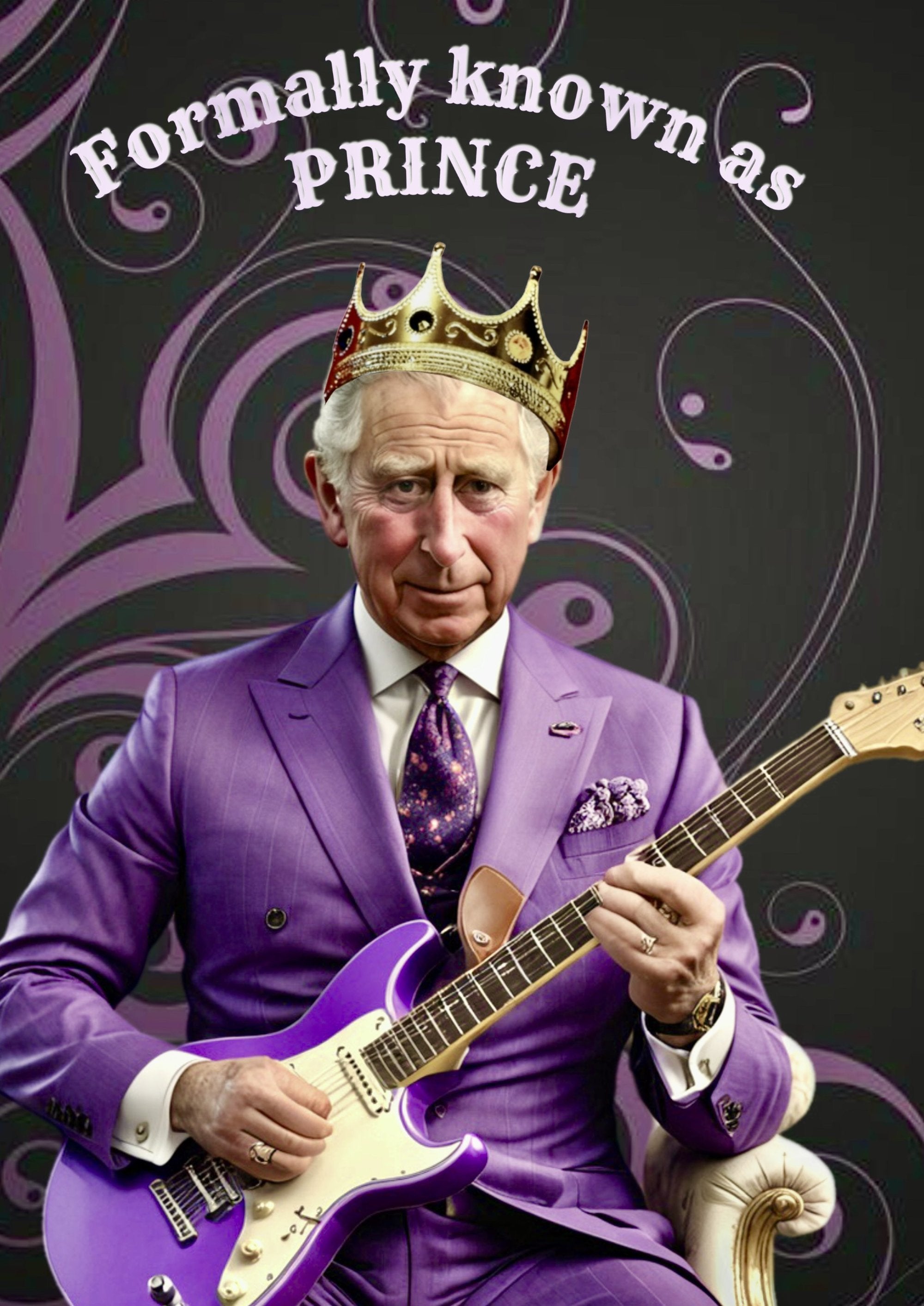 King Charles holding a purple guitar printed on MDF wall poster