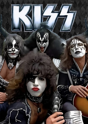 Kiss band members photographed for iconic music artwork printed on MDF wall poster