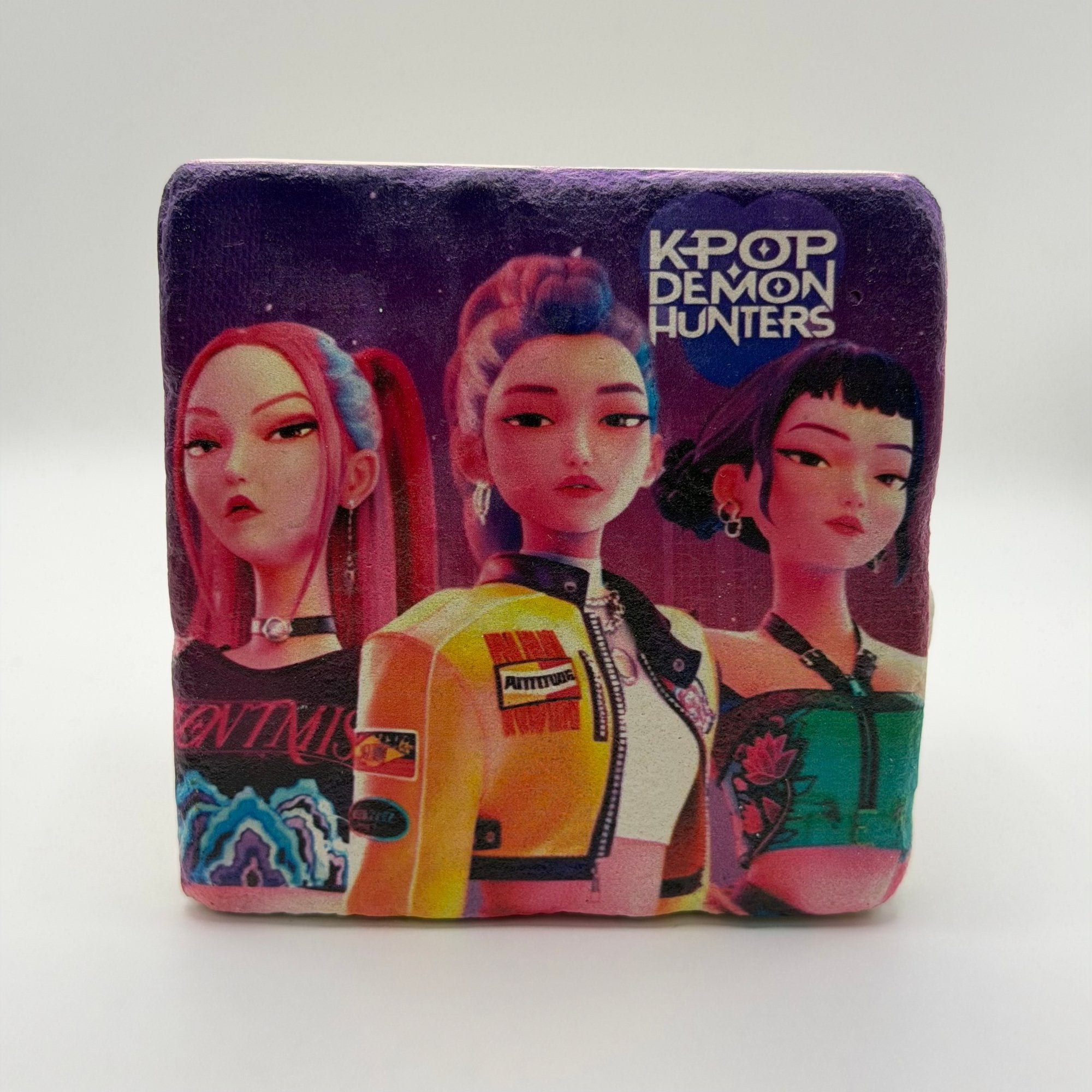 Kpop Demon Hunter artwork printed on square travertine stone coaster
