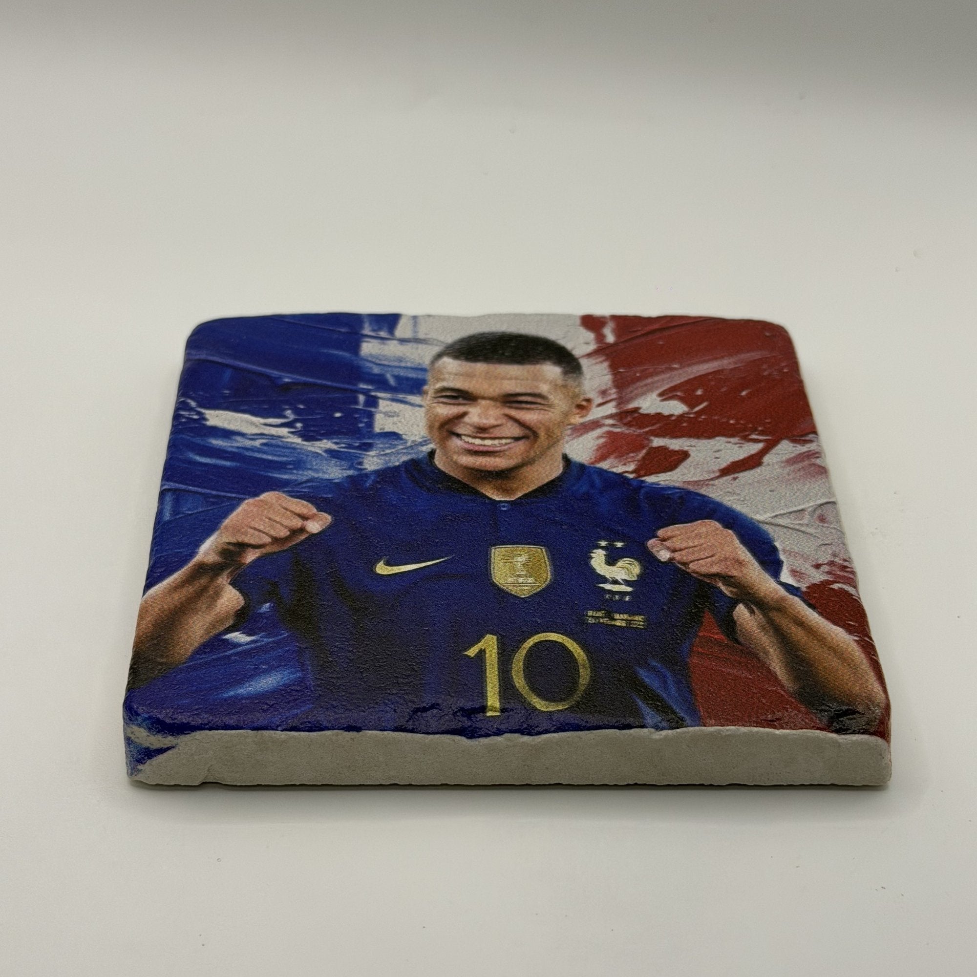 Kylian Mbappe Natural Travertine Stone Coaster artwork