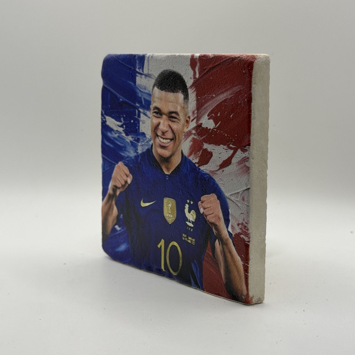 Kylian Mbappe Natural Travertine Stone Coaster artwork