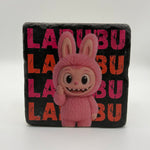 Labubu character printed on square travertine stone coaster