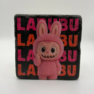 Labubu character printed on square travertine stone coaster