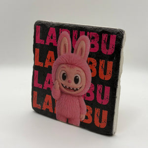Labubu character printed on square travertine stone coaster
