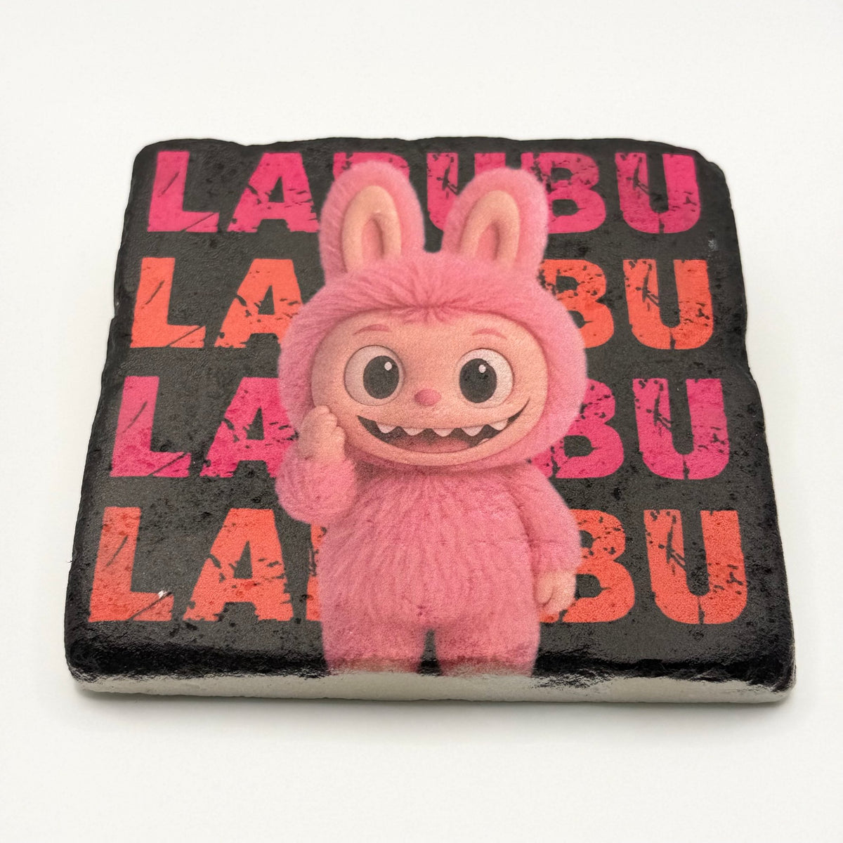 Labubu character printed on square travertine stone coaster