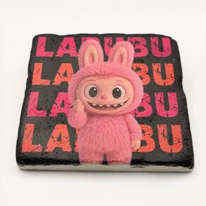 Labubu character printed on square travertine stone coaster