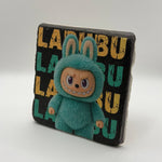 Labubu character artwork printed on square travertine stone coaster
