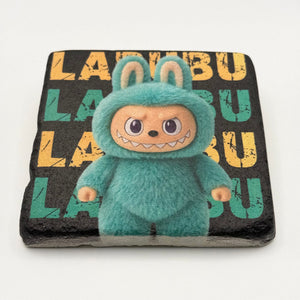 Labubu character artwork printed on square travertine stone coaster
