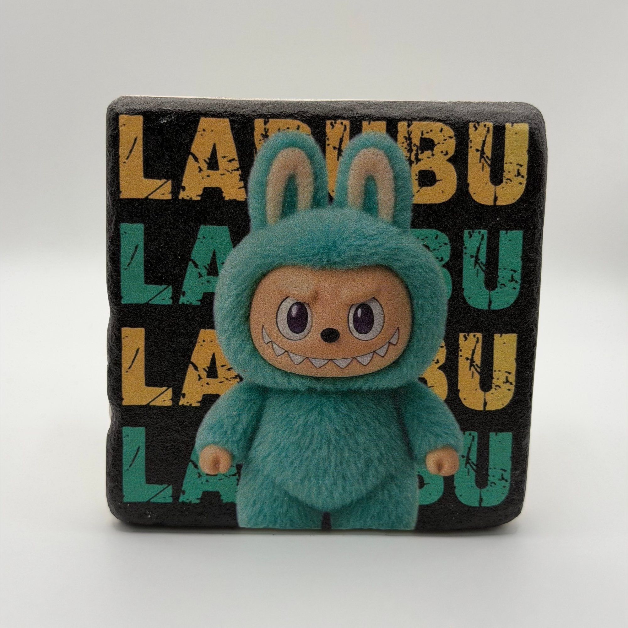 Labubu character artwork printed on square travertine stone coaster