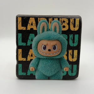 Labubu character artwork printed on square travertine stone coaster