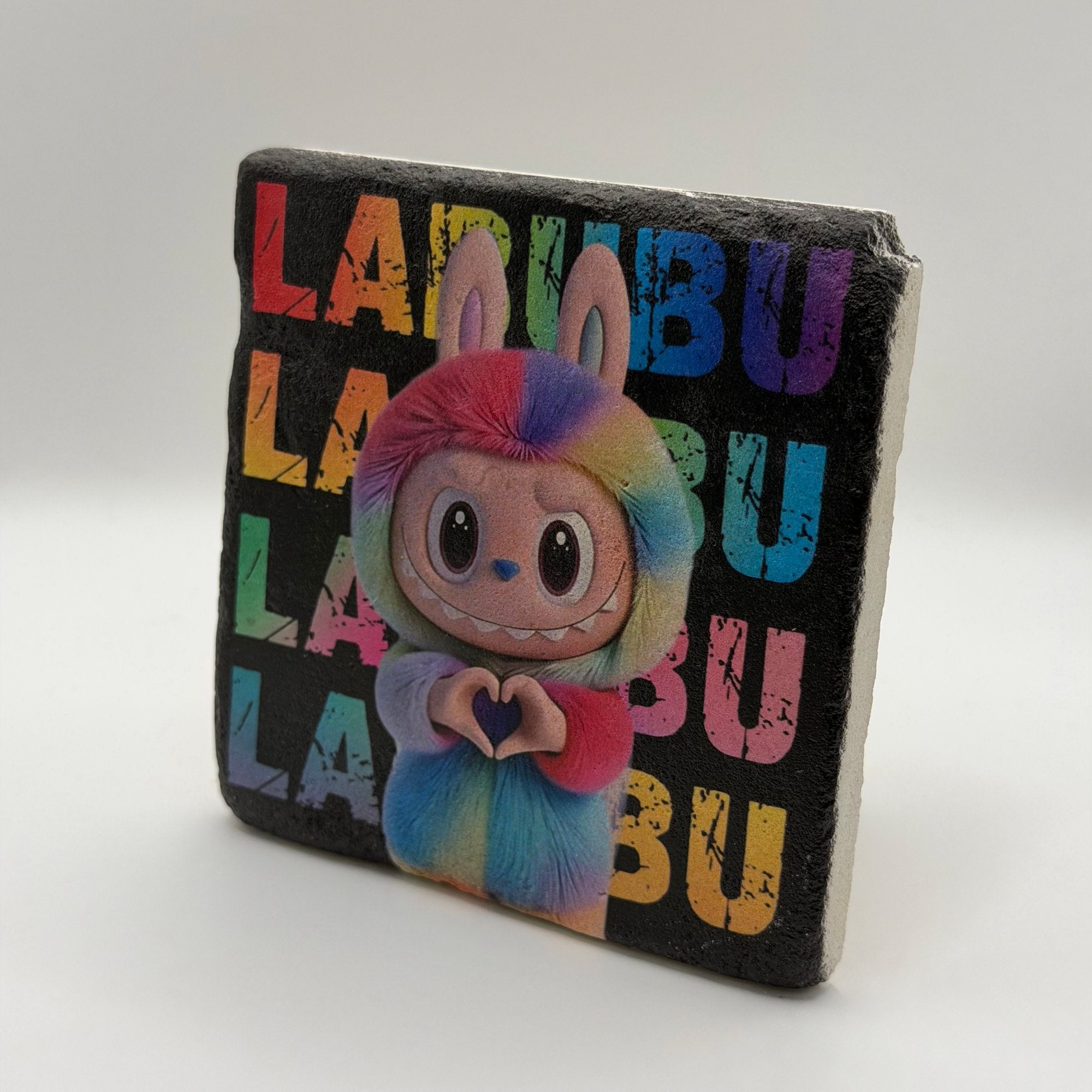 Labubu character artwork printed on square travertine stone coaster