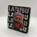 Labubu character artwork printed on square travertine stone coaster