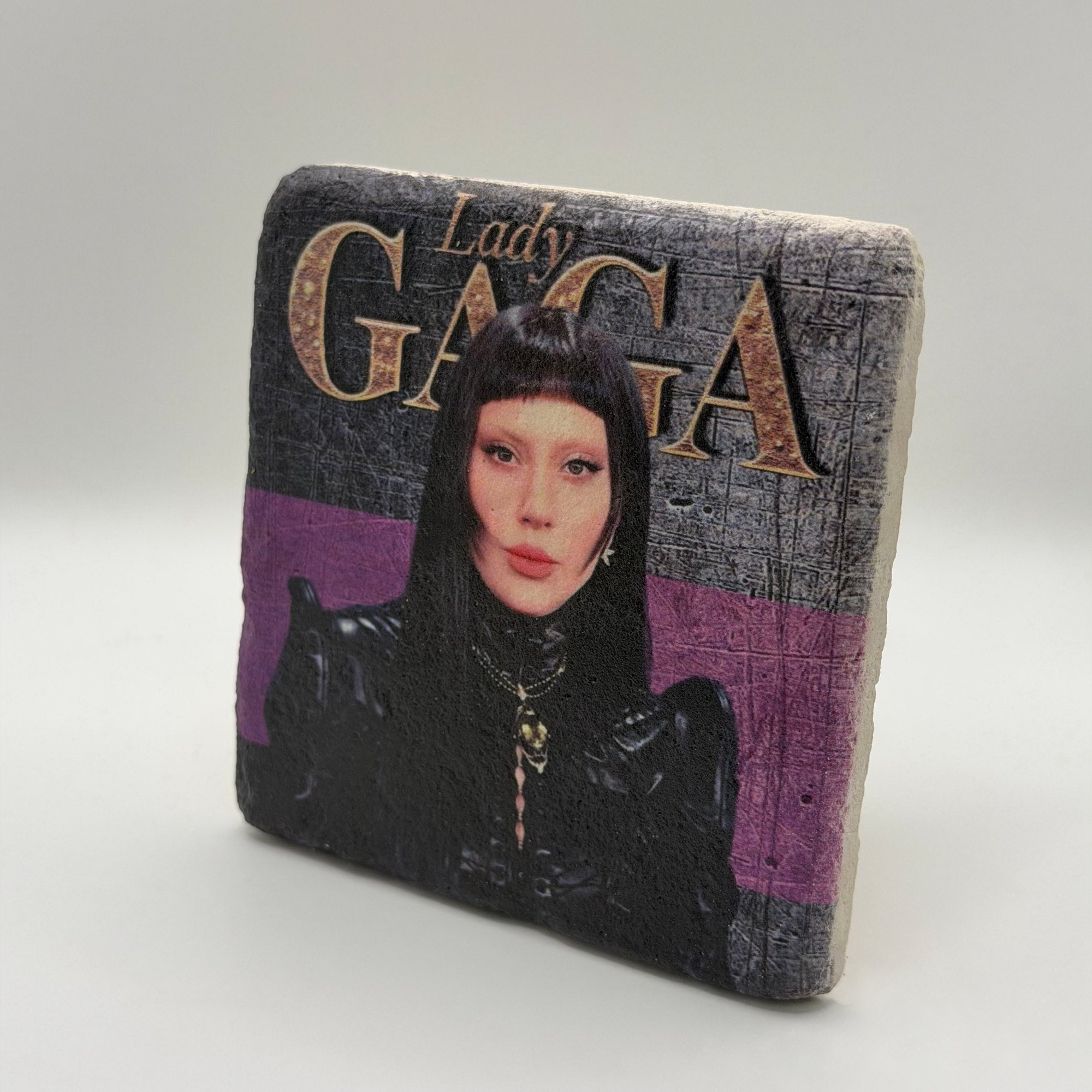 Lady Gaga artwork printed on square travertine stone coaster
