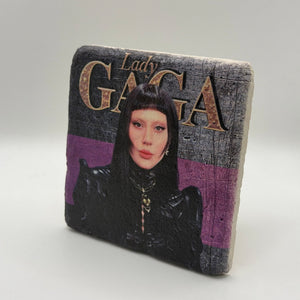 Lady Gaga artwork printed on square travertine stone coaster