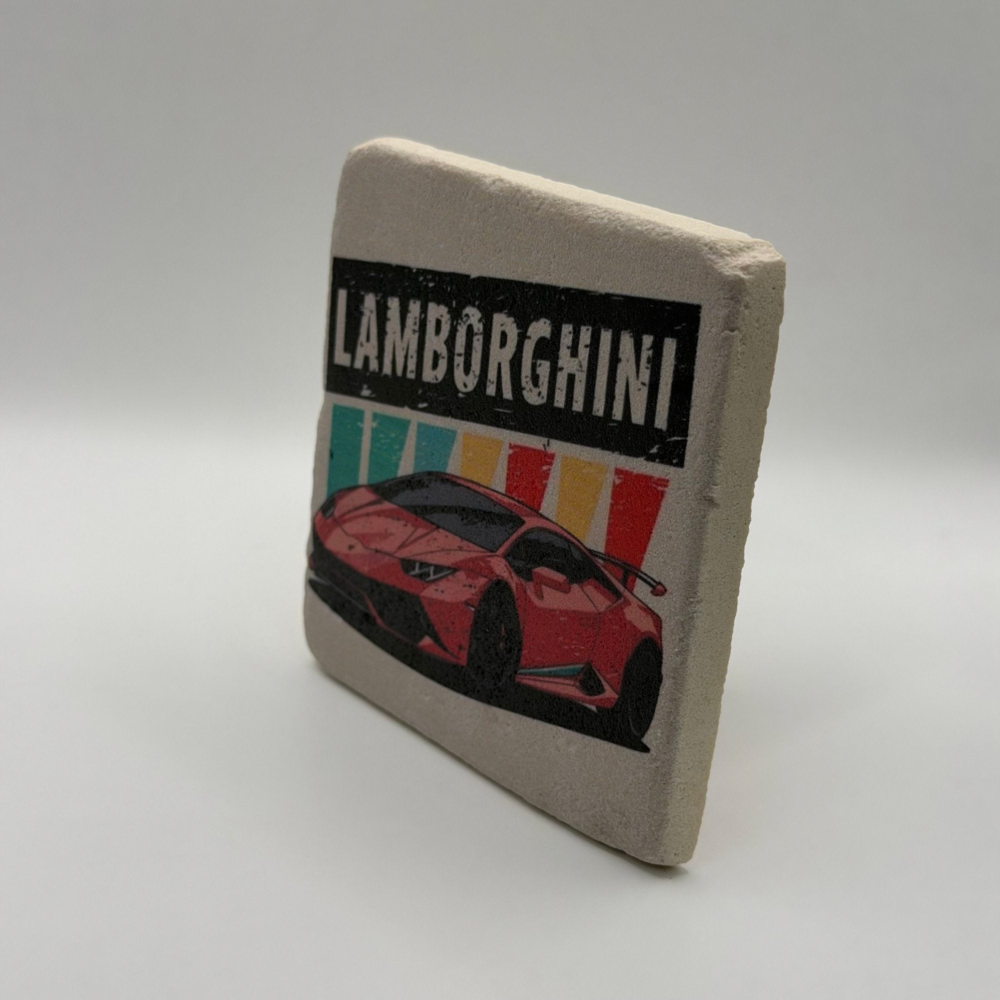 Classic Lamborghini logo printed on square travertine stone coaster