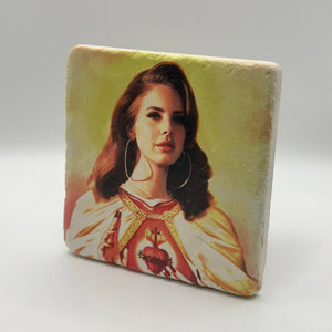 Lana Del Rey artwork printed on square travertine stone coaster