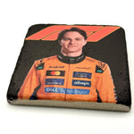 Lando Norris portrait printed on square travertine stone coaster