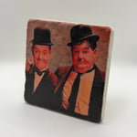 Laurel and Hardy artwork printed on square travertine stone coaster