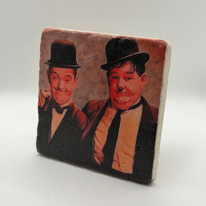 Laurel and Hardy artwork printed on square travertine stone coaster