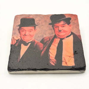 Laurel and Hardy artwork printed on square travertine stone coaster