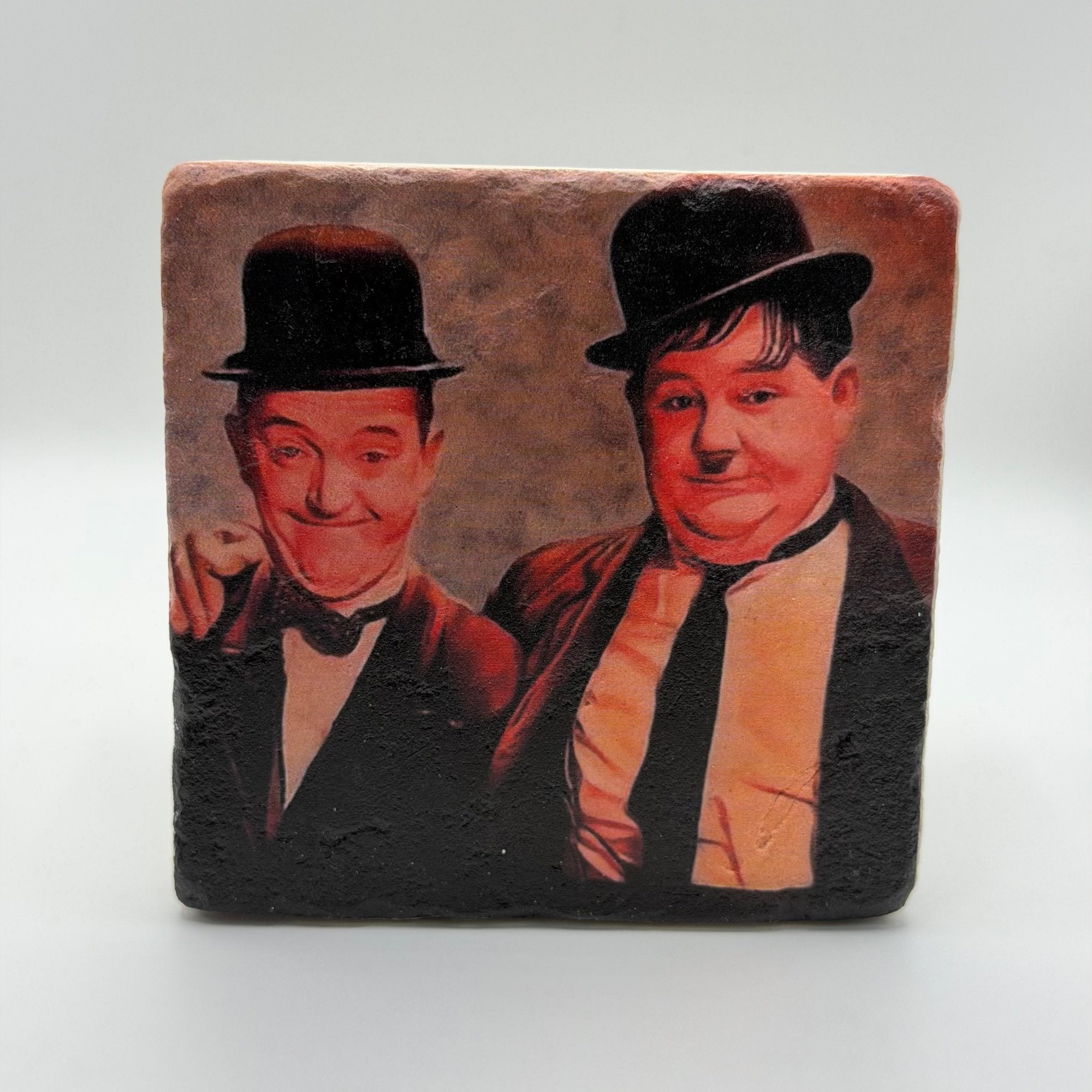 Laurel and Hardy artwork printed on square travertine stone coaster