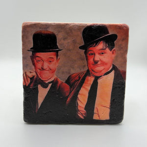 Laurel and Hardy artwork printed on square travertine stone coaster