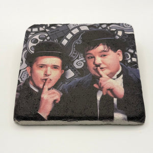 Laurel and Hardy film-inspired artwork printed on square travertine stone coaster