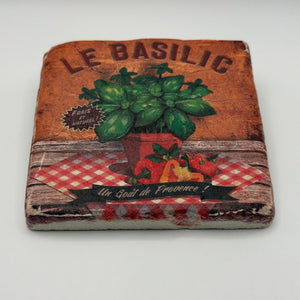 Le Basilic recipe artwork printed on square travertine stone coaster