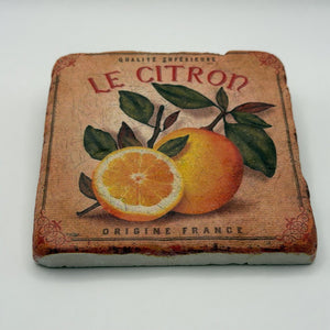 Le Citron artwork printed on square travertine stone coaster